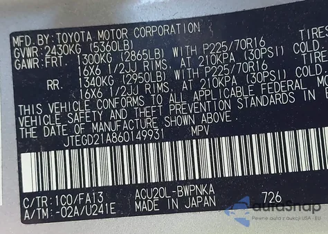 2006 Toyota Highlander z USA, uszkodzony, nr VIN JTEGD21A860149931